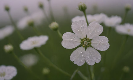 White flowers with drops of dew on the petals after rainの写真素材