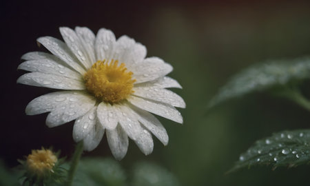 White daisy with dew drops on petals and green leavesの写真素材