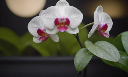 White orchids in a flower pot on a dark background.の写真素材