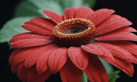 Red gerbera flower with water droplets on petals.の写真素材