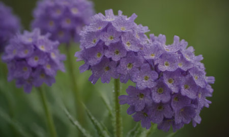Purple flowers with water drops on petals and green background.の写真素材