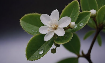 Beautiful white flower with water droplets on the green leaves.の写真素材