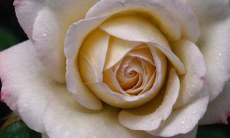 White and pink rose with water droplets on petals, close upの写真素材