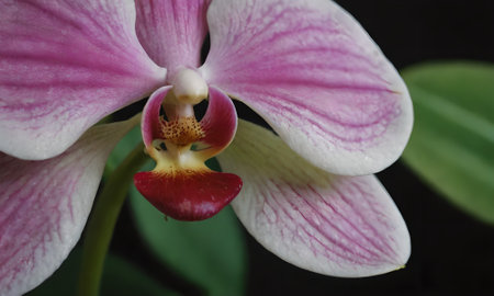 pink orchid flower on black background, closeup of photoの写真素材