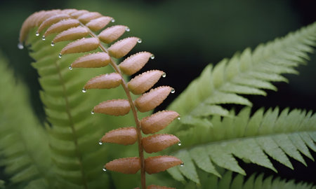 Fern leaf with dew drops in the morning, Thailand.の写真素材
