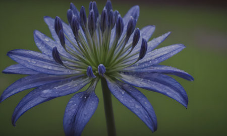 Close up of a blue flower with water droplets on the petalsの写真素材