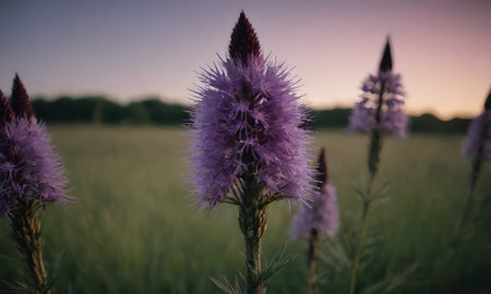 Purple flowers on a meadow at sunset. Toned.の写真素材