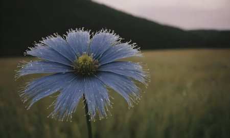 Blue flower on the background of a field with green grass and mountainsの写真素材