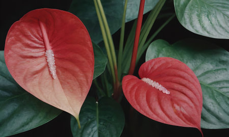 Red anthurium flower with green leaves in the dark background.の写真素材
