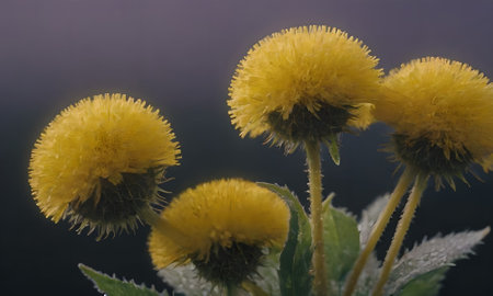 Close up of yellow dandelion flowers with dew drops.の写真素材