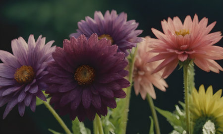 Purple and pink chrysanthemums on a dark backgroundの写真素材