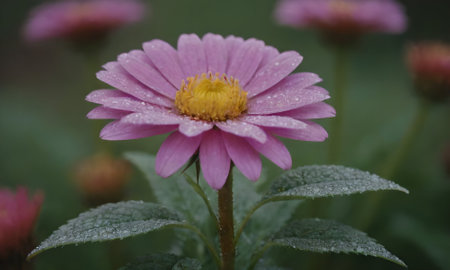 pink daisy flower with water droplets on the petalsの写真素材
