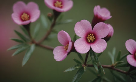 Pink flowers with green leaves in a garden. Shallow depth of field.の写真素材