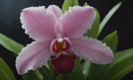 pink orchid on a black background, closeup of photoの写真素材
