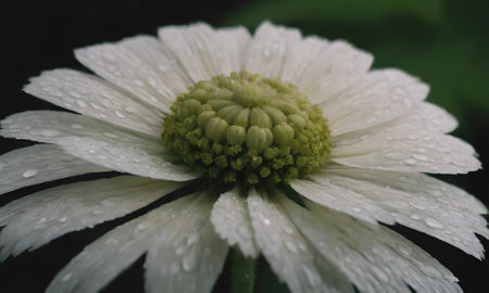 White daisy flower with water drops on petals and green leavesの写真素材