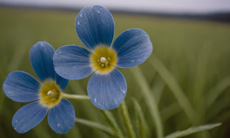 Close up of blue primroses in a field with green grassの写真素材