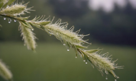 Water drops on a blade of grass in the early morning after rainの写真素材