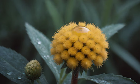 Close up of yellow cockscomb flower with water drop on itの写真素材
