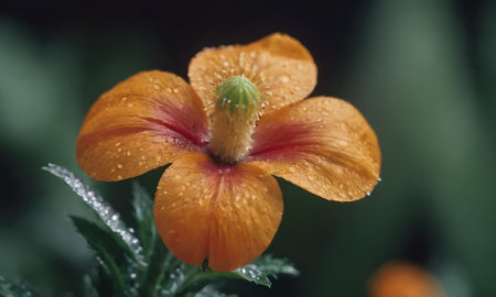 Orange flower with water droplets on petals and green leaves backgroundの写真素材