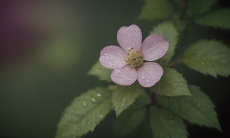 pink flower with water drops on the petals and green leavesの写真素材