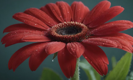 Red gerbera flower with water droplets on the petalsの写真素材