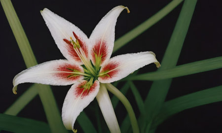 White lily with water drops on the petals and green leavesの写真素材