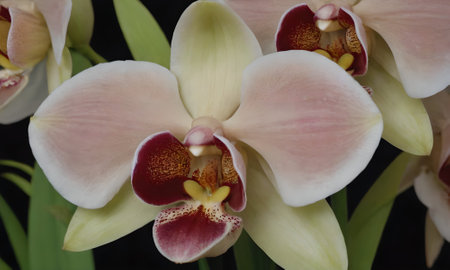 White and pink orchid flowers on black background, close-upの写真素材