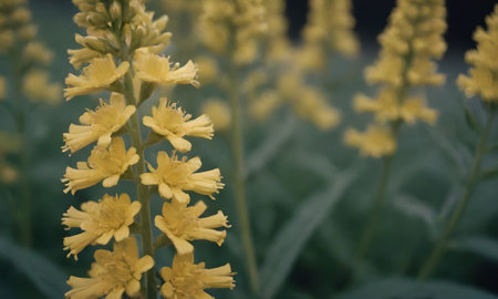 Yellow flowers in the garden. Selective focus and shallow depth of field.の写真素材