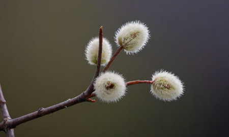 Pussy willow twig with white flowers on a dark backgroundの写真素材
