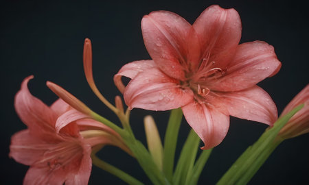 Beautiful pink lily flowers on black background, close-upの写真素材