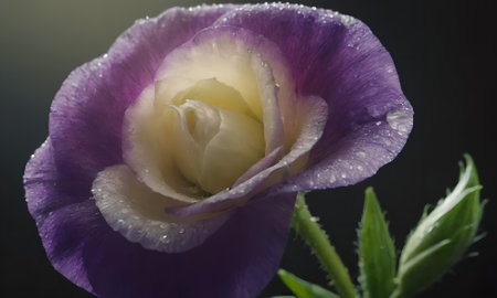 purple eustoma with water drops on petals close upの写真素材