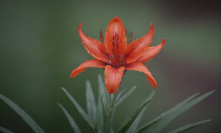 Orange lily with raindrops on the petals, close-upの写真素材
