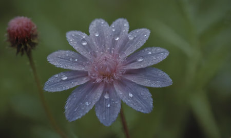 Beautiful purple flower with drops of dew on the petalsの写真素材