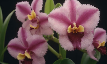 Beautiful orchid flowers on black background. Vintage style. Soft focus.の写真素材