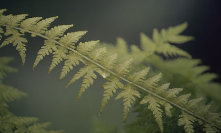 Close-up view of a fern leaf with a water dropletの写真素材