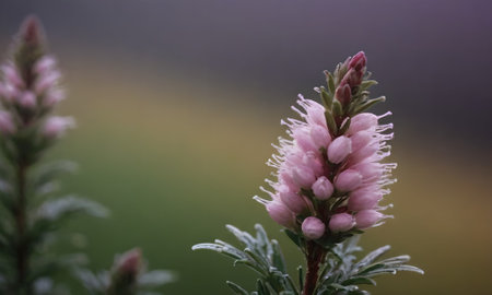 Close up of a pink heather flower on a blurred background.の写真素材