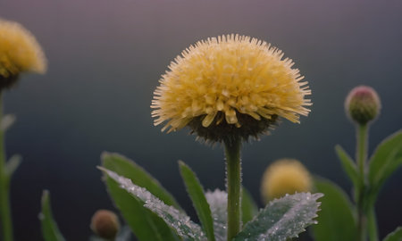 Close up of yellow dandelion flower with dew drops.の写真素材