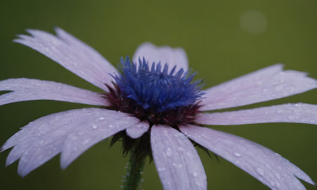 Close up of a purple cornflower with water drops on it.の写真素材