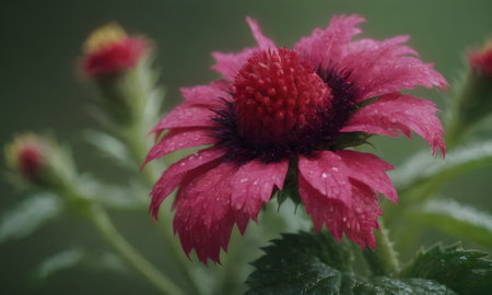 Red flower with drops of water on the petals and green leavesの写真素材