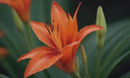 Orange lily flower with water drops on petals, close upの写真素材