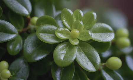 Green leaves with water drops in the garden. Shallow depth of field.の写真素材