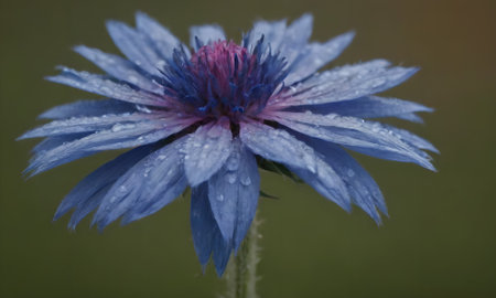 Beautiful blue cornflower with dew drops on the petalsの写真素材