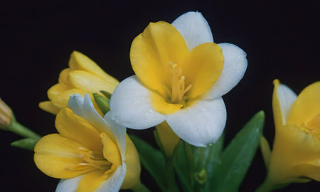 yellow freesia flower on black background, closeup of photoの写真素材