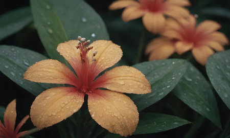 Beautiful orange lily flower with rain drops on the petalsの写真素材