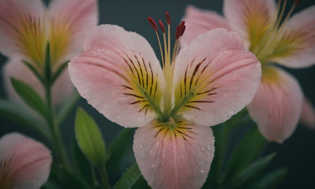 Beautiful pink lily flowers with water drops on petals.