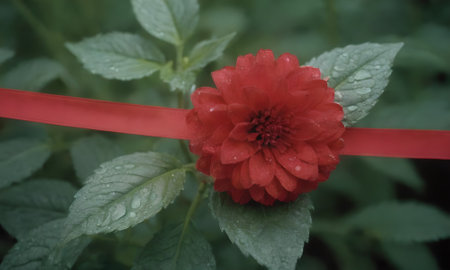 Red dahlia flower with water droplets on green leaves backgroundの写真素材
