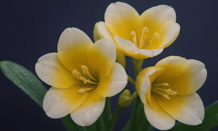 yellow freesia on a dark background, closeup of photoの写真素材