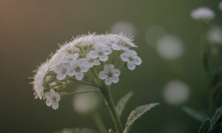 white flowers on a green background in the rays of the setting sunの写真素材