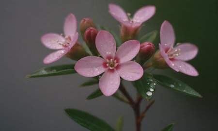 Pink flowers with water drops on the petals and green leaves.の写真素材