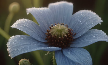 Close up of a blue flower with water drops on the petals